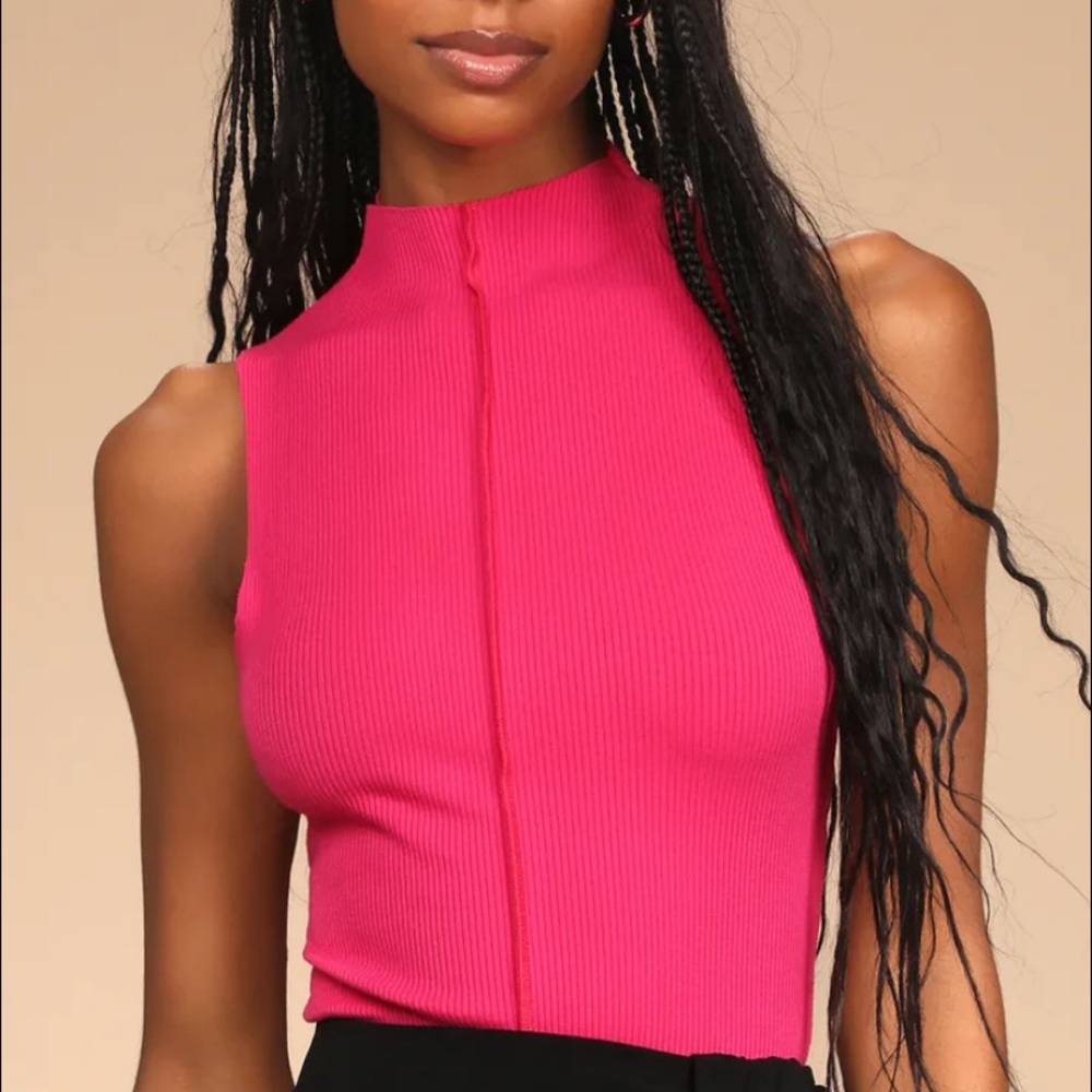 Hot Pink Ribbed Sleeveless Mock Neck Bodysuit